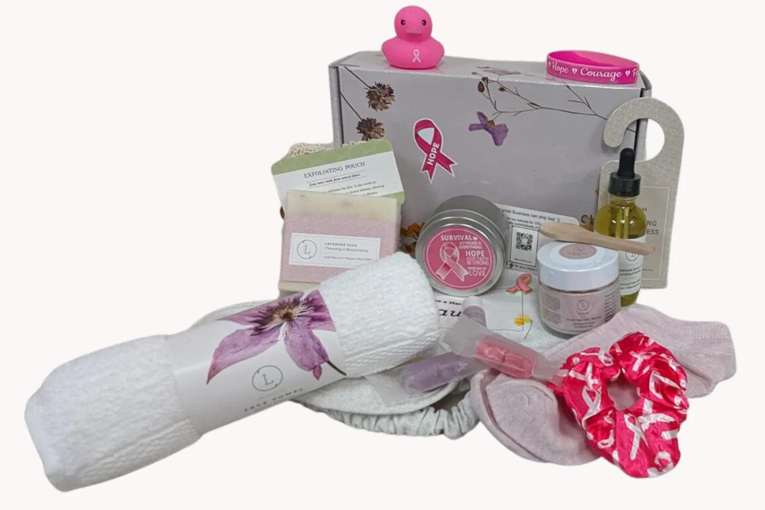 Breast Cancer Awareness Gift Box - Hope for a Warrior / a Survivor / a Mother - this is a support care pamper package - Natural Lavender Bath & Body Relaxing Package - EverYouth Essentials