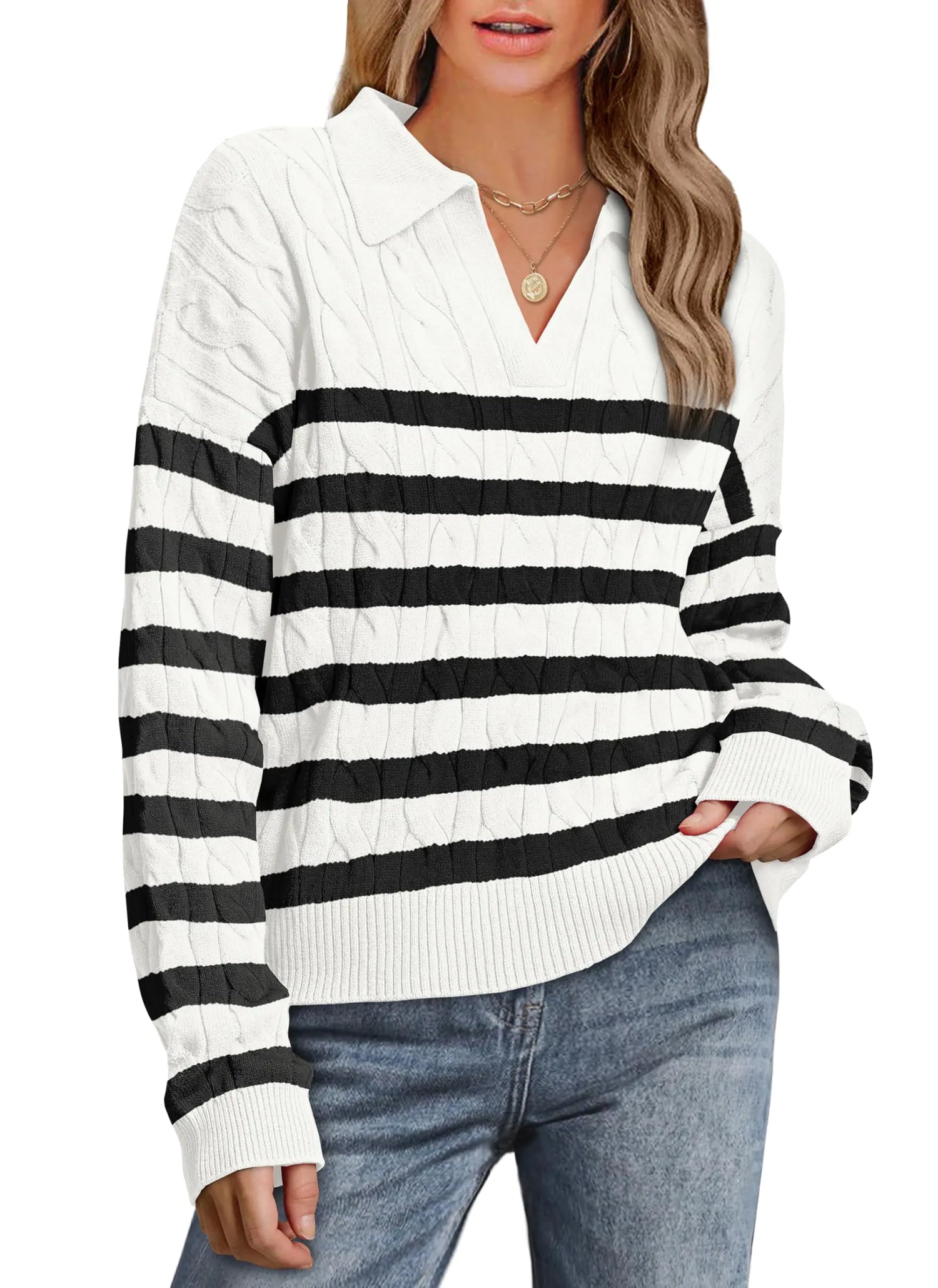 WIHOLL 2024 Stripe V-Neck Sweater for Women