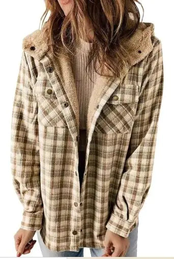 Casual Plaid Hooded Woolen Coat Thickened Fleece - EverYouth Essentials