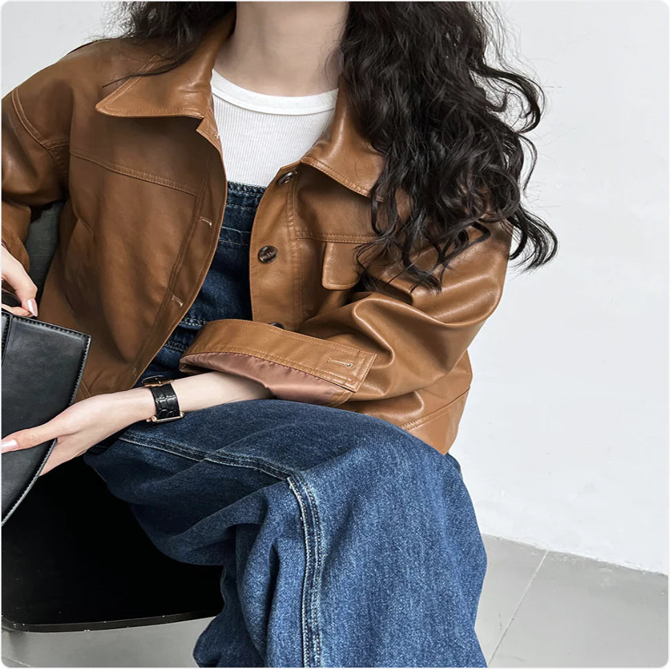 Women's Fall Lapel Short Motorcycle Jacket - EverYouth Essentials