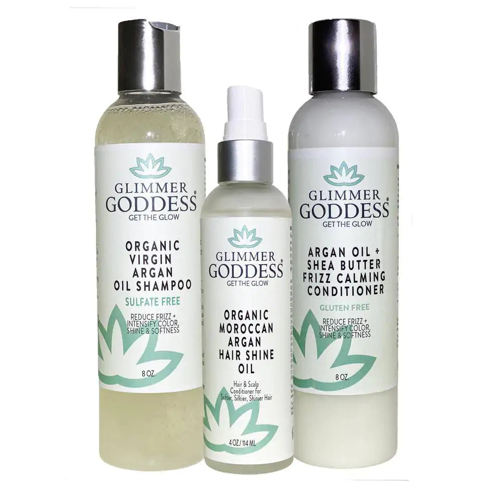 Glimmer Goddess Organic Argan Oil Trio (Shampoo + Conditioner + Hair Shine Spray) - EverYouth Essentials