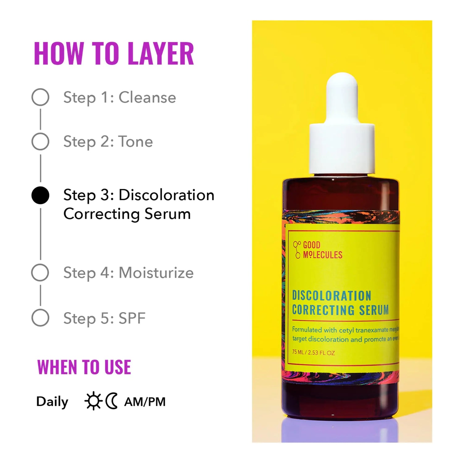 Good Molecules Discoloration Correcting Serum - Tranexamic Acid Ester Salt and Niacinamide for Dark Spots, Sun Damage, and Age Spots - Skincare Face 2.53 Fl Oz (Pack of 1)